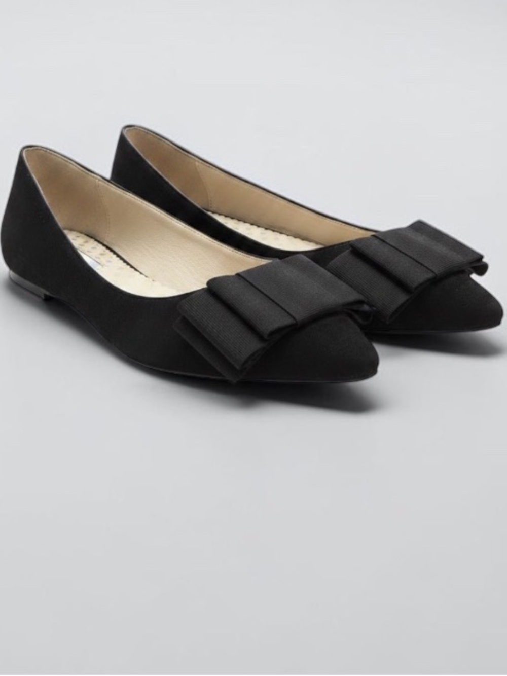 Boden Black Suede Pointed Toe Ballet Flats Grosgrain Ribbon Bows Size 39/ 8.5 US